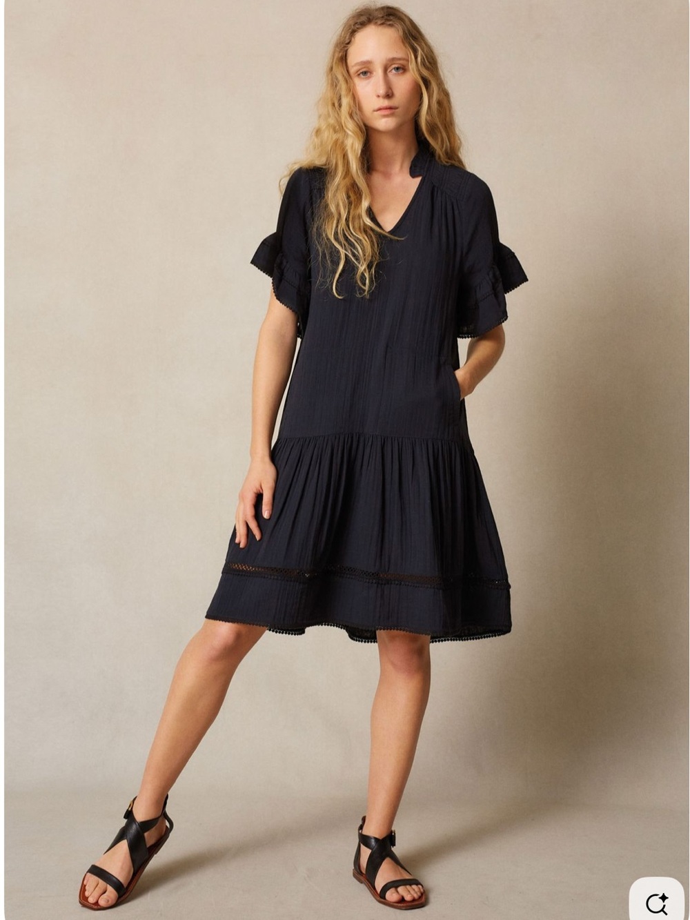 ME+EM Midnight Navy Cotton Tiered Swing Short Dress with Pockets UK 8